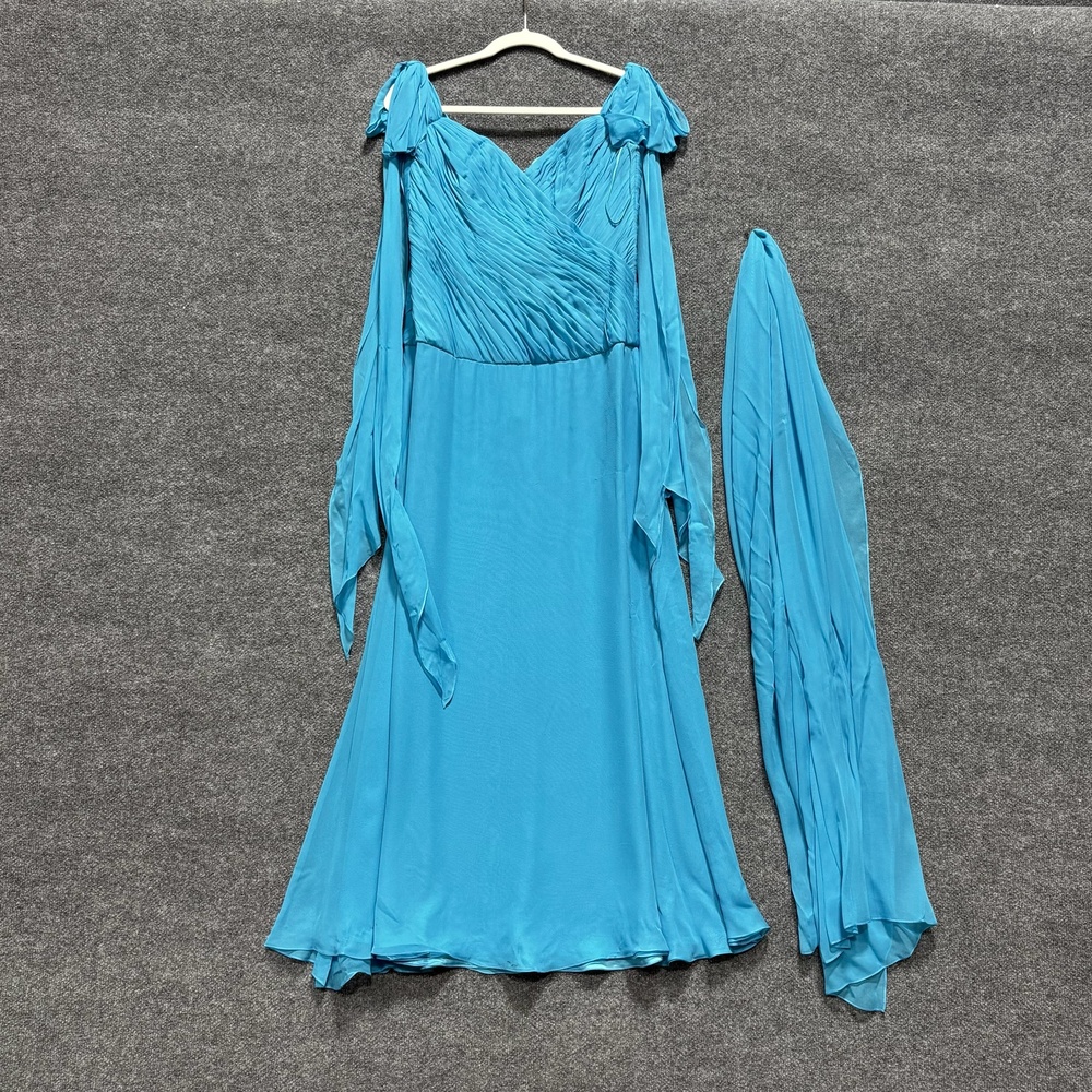 Mayda Cisneros Dress Womens 0 Blue Chiffon V Neck Ruched Long Sleeve Knee Length